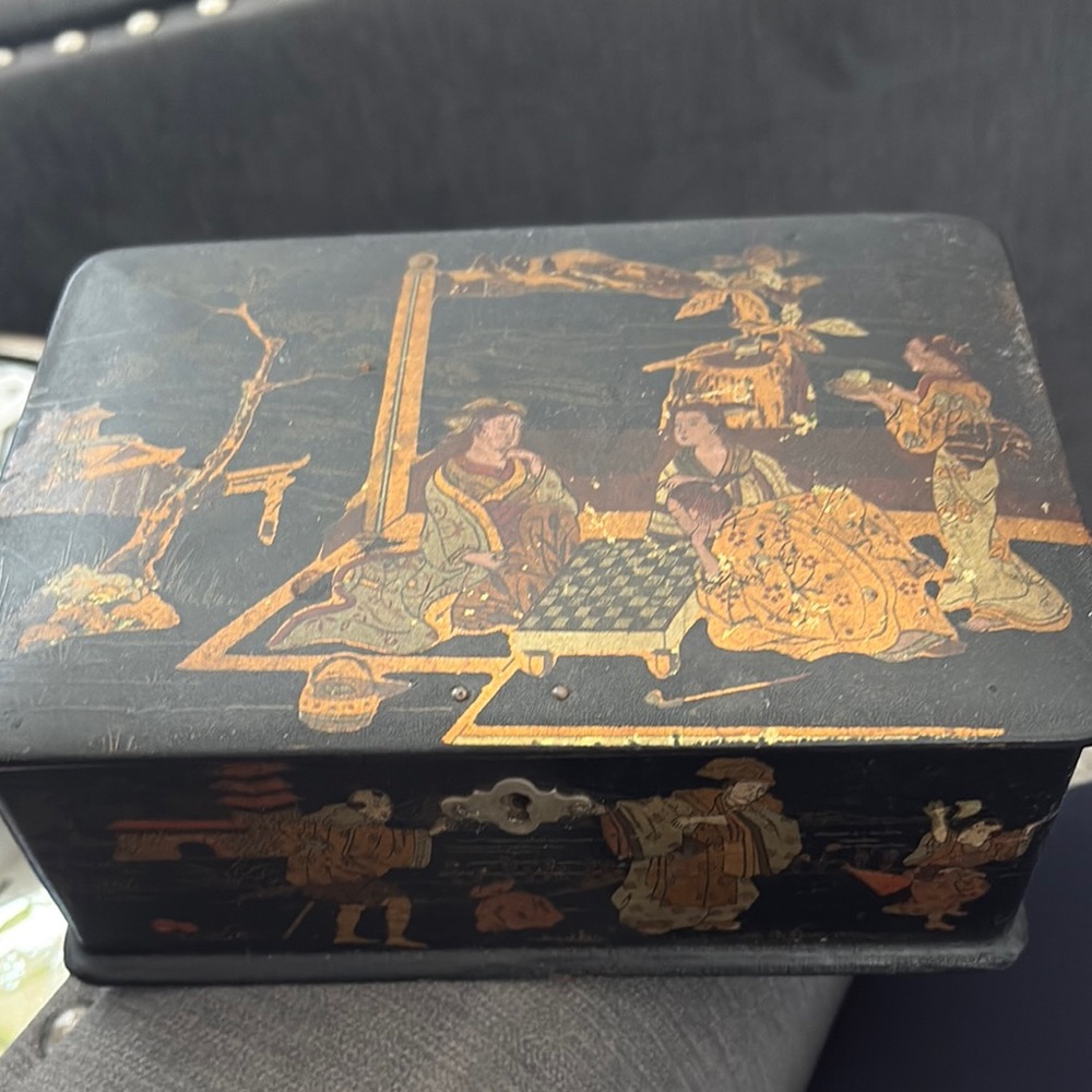 antique lacquered Black and Gold Decorative Box